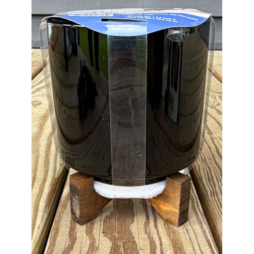 Misco Ceramic Black Round Planter w/ Wood Stand 5.1in Dia x 6.5in H